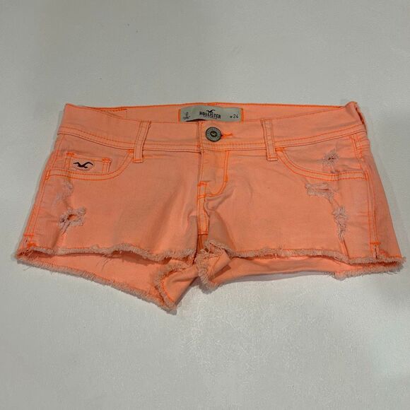 Hollister Neon Peach Distressed Cutoff Denim Shorts Size 0 W24 - Picture 1 of 7